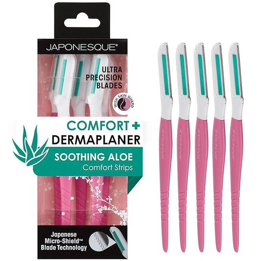 Japonesque Dermaplaner with Soothing Aloe Comfort Strip - Facial Dermaplane Razor, Skin Tool with Ultra Precision Blade for Facial Hair Removal and Exfoliation, 5pk-BrightBean Baby