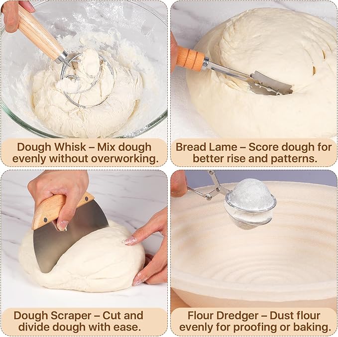 Non-Stick Oval Wood Pulp Banneton Bread Proofing Basket Set Of 2, Sourdough Banneton Basket Kit, Bread Making Tool Sourdough Starter Kit with Proofing Bowl, Cover, Dough Whisk, Lame, Scraper