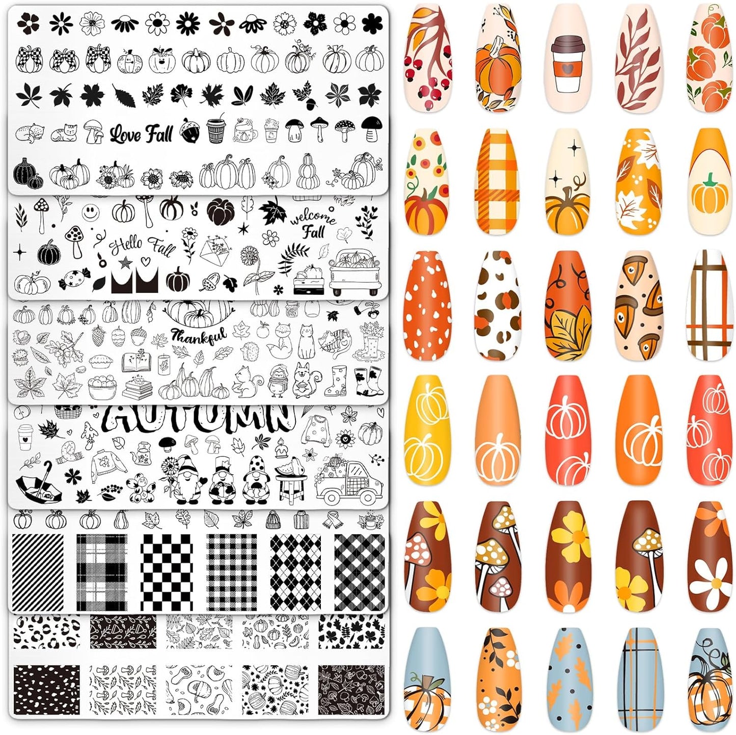 Whaline 6Pcs Fall Nail Plates Stamping Set Pumpkin Leaves Stamp Templates Nail Art Plates for Autumn Harvest Thanksgiving DIY Print Manicure Salon Design-BrightBean Baby