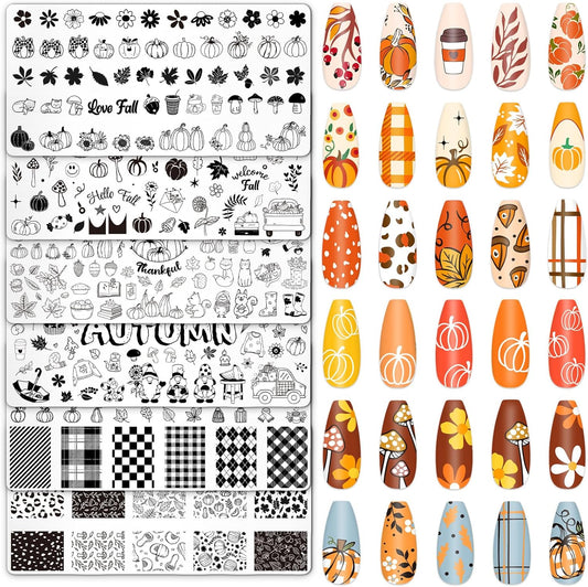 Whaline 6Pcs Fall Nail Plates Stamping Set Pumpkin Leaves Stamp Templates Nail Art Plates for Autumn Harvest Thanksgiving DIY Print Manicure Salon Design-BrightBean Baby