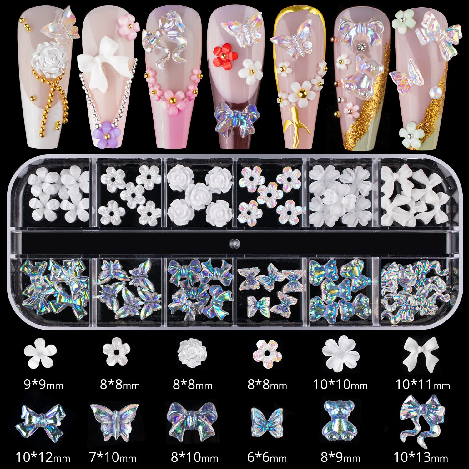 Mixed 3D Nail Art Gem Decoration Accessories Kit #4, Aurora Bear Bow Butterfly Starry AB Rhinestone Charm Jewelry for Deco, Pearl Flower Caviar Bead Stone Crystal with Dual-End Brush and Tweezer-BrightBean Baby