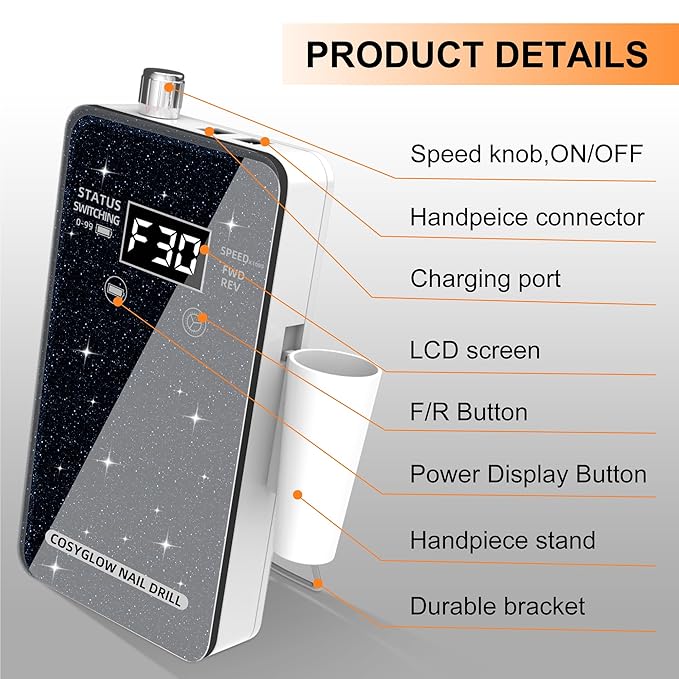 Professional Electric Nail Drill File:COSYGLOW Glitter Portable Cordless E-File Nail Drill Kit with 11 Drill Bits,30000 RPM Rechargeable Nail Drills Machine for Acrylic Nails Gel Polishing(Black)-BrightBean Baby