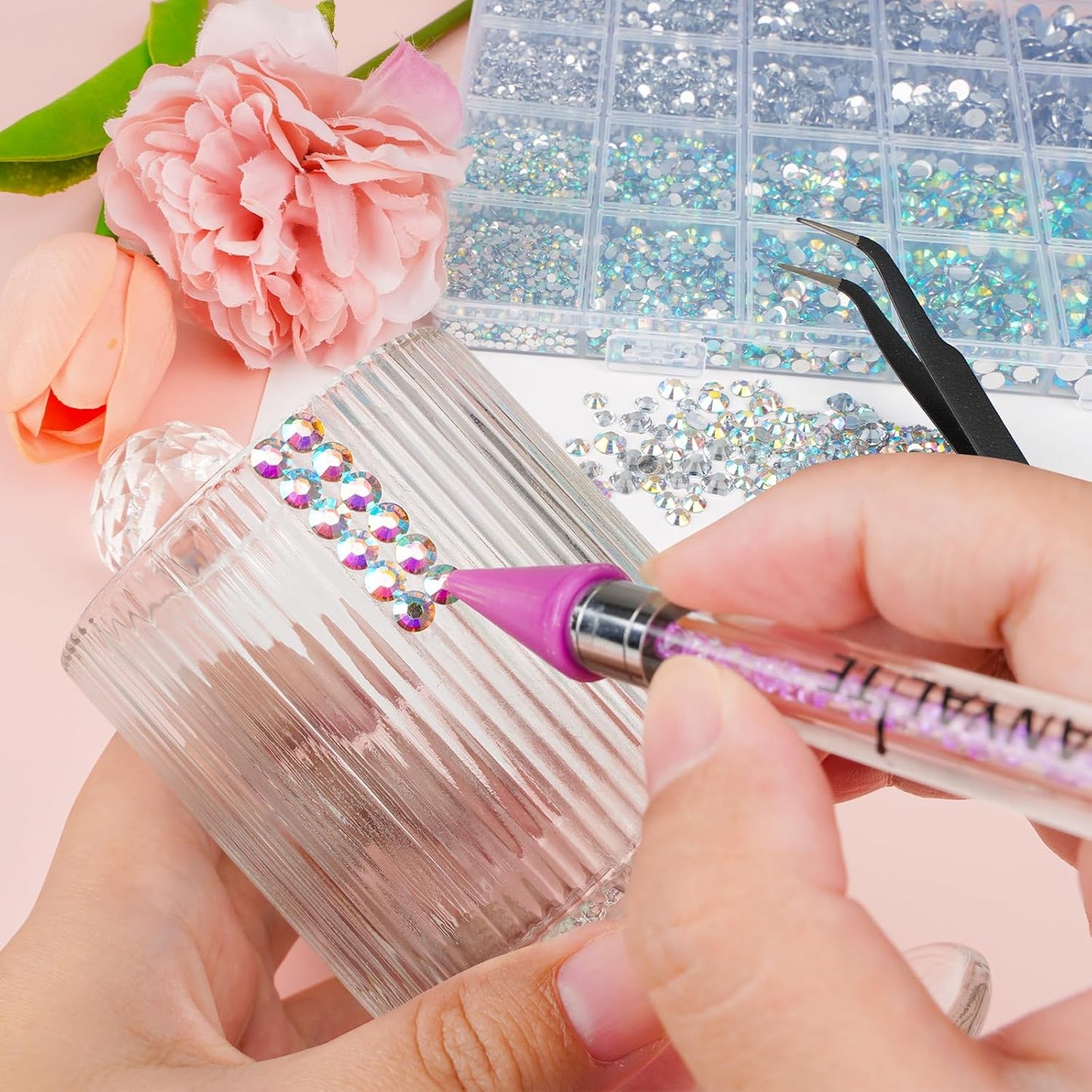 Canvalite 25000PCS Resin Jelly Rhinestones for Crafting,Clear AB Flatback Gems, Bedazzling Crystal with 5 X 2.5g B7000 Jewelry Glue and Tweezers and Dotting Pen for DIY Crafts Clothing Shoes Nail Art-BrightBean Baby