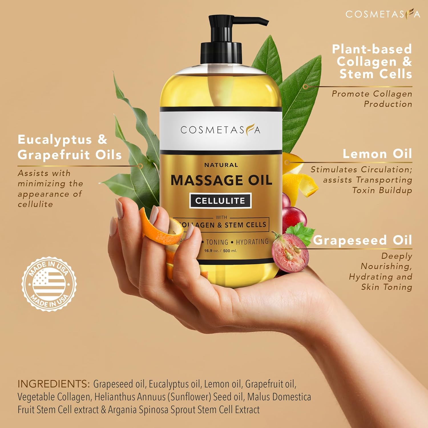 Large Cellulite Massage Oil with Collagen & Stem Cells- 100% Natural Cellulite Oil, Highly Absorbable, Deeply Penetrates The Skin- Firms, Tones, Tightens & Moisturizes Skin by Cosmetasa (16.9 oz)-BrightBean Baby