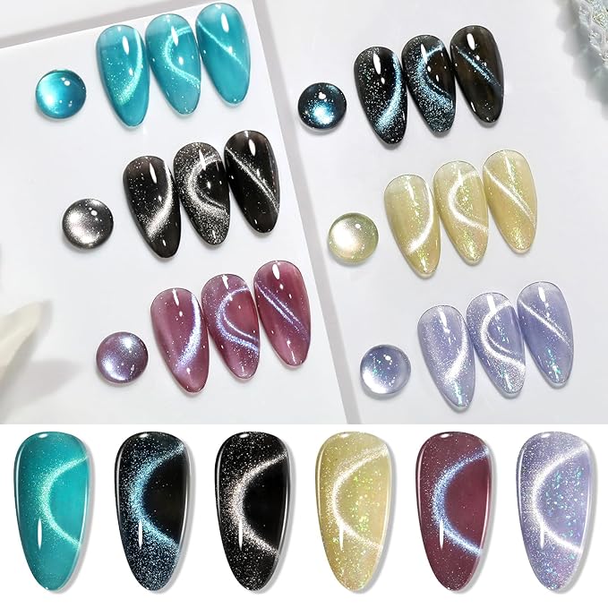 Born Pretty Cat Magnetic Eye Gel Nail Polish, 6 Colors 9D Magnetic Glitter Gel Polish Set Black Blue Purple Green Nail Polish Kit Soak Off LED Nail Art DIY Salon Gift-BrightBean Baby