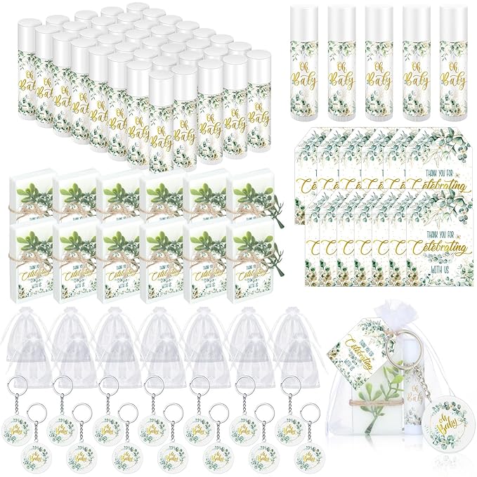 60 Sets 360 Pcs Lip Balm Soap Keychain Favors Eucalyptus Greenery Baby Shower Favors with Organza Bag Gift Card Faux Eucalyptus Greenery for Baby Shower Gift Gender Reveal Guest Prize-BrightBean Baby