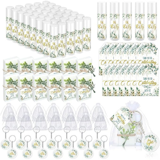 60 Sets 360 Pcs Lip Balm Soap Keychain Favors Eucalyptus Greenery Baby Shower Favors with Organza Bag Gift Card Faux Eucalyptus Greenery for Baby Shower Gift Gender Reveal Guest Prize-BrightBean Baby