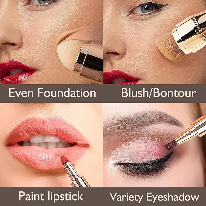 kullder 4 in 1 Makeup Brush Travel Makeup Brushes Blend Sponge, Eyebrow, Eyeshadow & Blush Brushes for Foundation Concealer Double Ended Makeup Brush with Powder Puff Women Ideal Gifts-BrightBean Baby