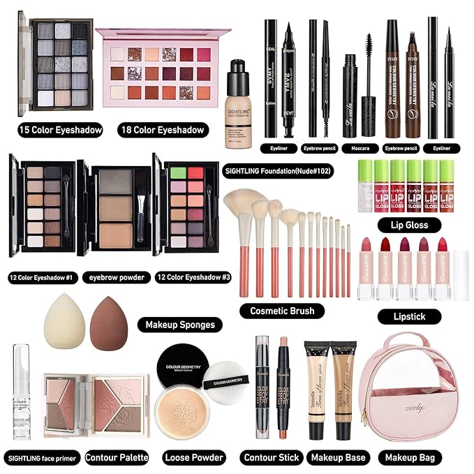 All In One Makeup Kit, Travel Makeup Kit, Makeup Gift Set, Makeup Kit for Women Full Kit, Makeup Bundle Includes Foundation Eyeshadow Palette Lipstick Eyeliner Mascara Contour Stick Cosmetic Brush Set-BrightBean Baby