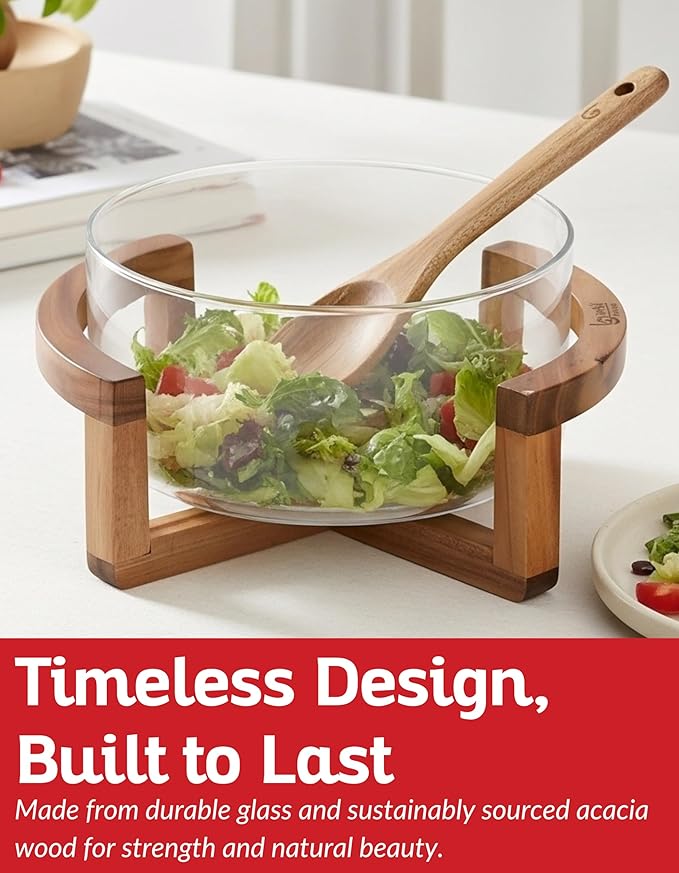 Large Glass Salad Bowl Set with Acacia Wood Serving Spoon & Fork – 11 Inch Salad Mixing & Serving Bowl for Pasta, Fruits, Veggies, Kitchen Tableware & Dinner Table Centerpiece