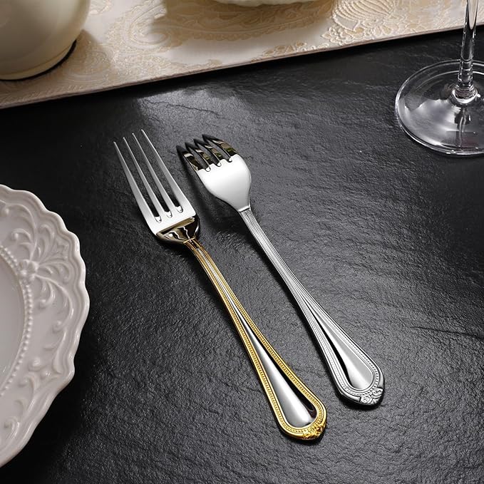 KEAWELL Pearl Edge 4-Piece Premium Spoon Set, 18/10 Stainless Steel, Fine Silverware Spoons with Refined Bead Design, Brightly Polished, Dishwasher Safe (Gold Accent, 9" Serving Spoons)