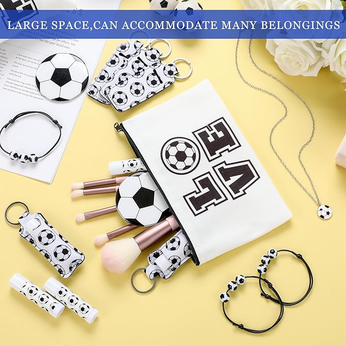 72 Pcs Sports Team Gifts Include 12 Makeup Bags 12 Lip Balm 12 Lip Balm Holder 12 Necklace 12 Adjustable Bracelet 12 Mirrors for Sports Lovers Players Party Favors (Black, Soccer)-BrightBean Baby