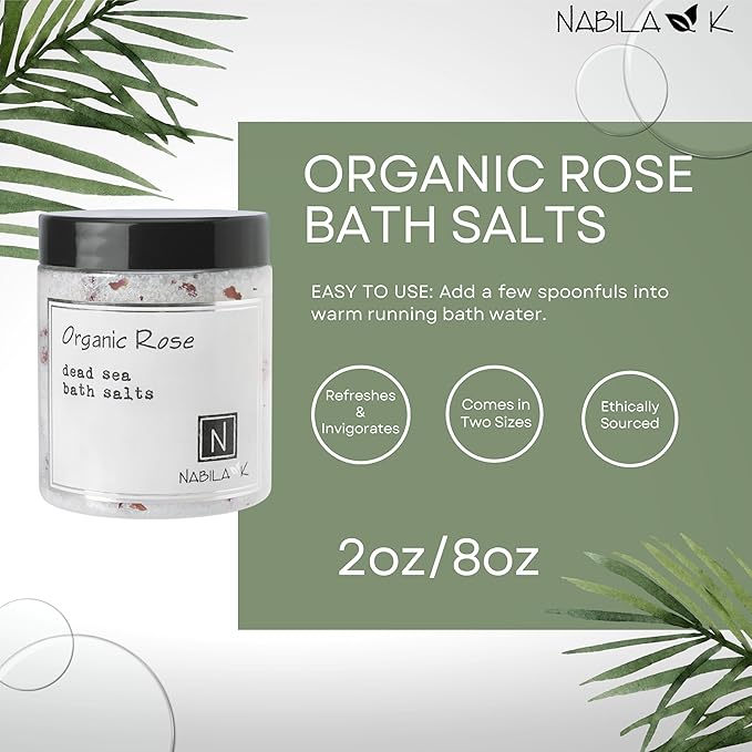 Organic Rose Bath Salts by Nabila K - Dead Sea Salt & Epsom Salt Scrub & Soak - Exfoliates & Hydrates Skin, Botanical Essential Oils - Bubble Bath Accessories for All Skins Types, 8 oz-BrightBean Baby