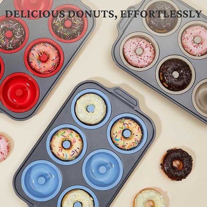 BRONYPRO Silicone Donut Pan for Baking with Metal Frame, 3.35 Inch Large doughnut pan,donut molds for baking Nonstick Non Toxic Bakeware for Oven, Brown
