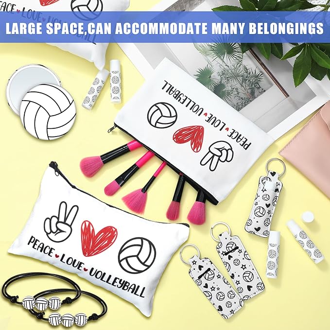 72 Pcs Sports Team Gifts Include 12 Makeup Bags 12 Lip Balm 12 Lip Balm Holder 12 Necklace 12 Adjustable Bracelet 12 Mirrors for Sports Lovers Players Party Favors (White, Volleyball)-BrightBean Baby
