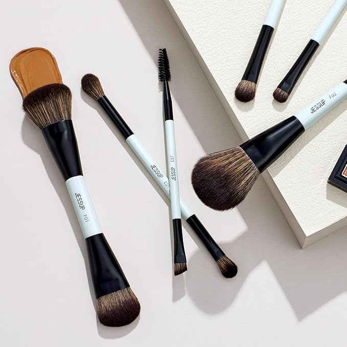 Jessup Makeup Brush Set 6pcs Double Sided Makeup Brushes Foundation Contour Blush Highlight Blending Eyebrow Brush Eyeshadow Brush, Vegan Fiber Make up Brush Bright Cyan T501-BrightBean Baby