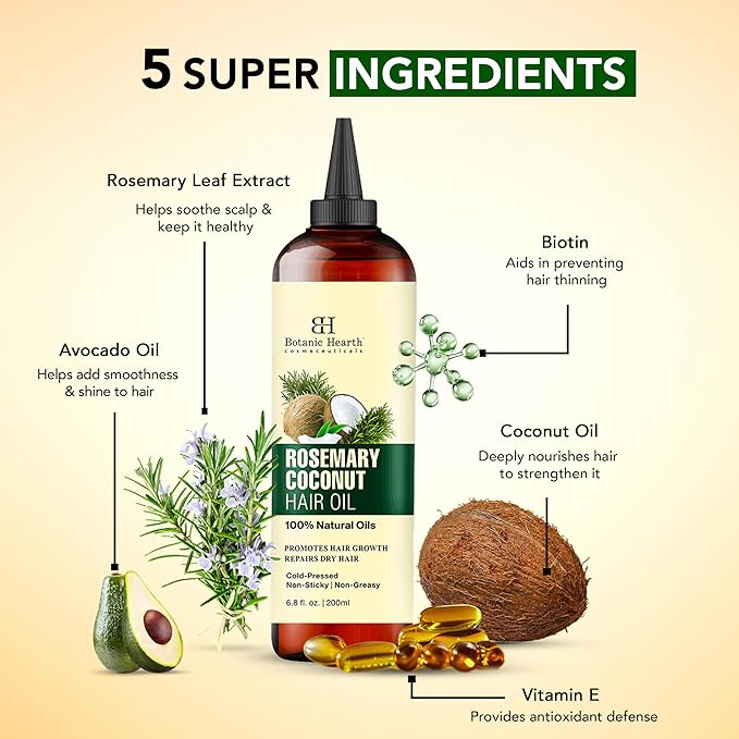 Botanic Hearth Rosemary, Coconut & Avocado Oil For Hair Growth (6.7 fl oz) Infused with Rosemary, Coconut, Biotin|Hair Oil Repairs Damaged Hair, Strengthening, Healthier Hair, Moisturizing- Hair Tonic-BrightBean Baby