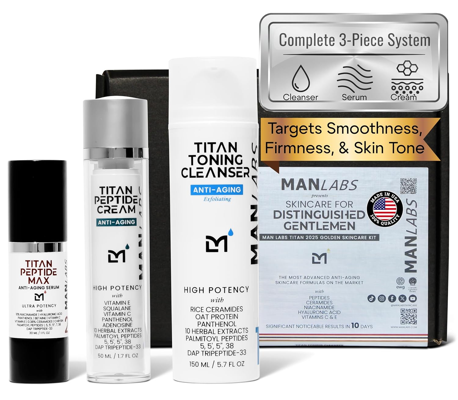 Titan Golden Anti-Aging Mens Skin Care Kit – Wash, Face Serum, Mens Face Moisturizer – Men, Skin Care Set – Dark Spots, Wrinkles, Fine Lines – Vitamin C, Peptides, Niacinamide, HA – Unscented-BrightBean Baby
