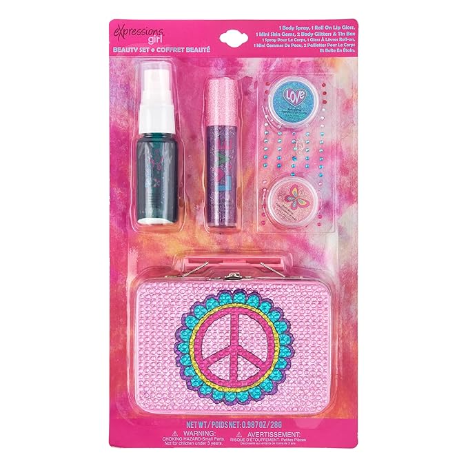 Expressions 6pc Peace & Rhinestones Beauty Set w/Tin Box Storage Case - Body Spray, Body Glitter, Mini Body Gems, and Lip Gloss Set,Washable + Non Toxic-BrightBean Baby