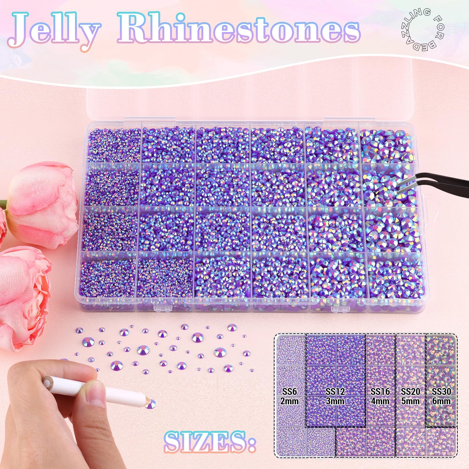 25000Pcs Resin Jelly Rhinestones with Tweezers for Crafting, 2-6mm Mixed Sizes (Dark Purple AB) Non Hotfix Flatback Gems, Bedazzling Crystal for DIY Crafts Clothing Tumblers Mugs Shoes Decor Nail Art-BrightBean Baby