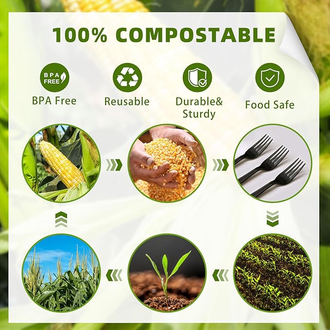 300 Count Compostable Forks, Non Plastic Forks, Black Disposable Forks, Heavy Duty Plastic Silverware, Eco Friendly Compostable Utensils for Party Wedding Picnic