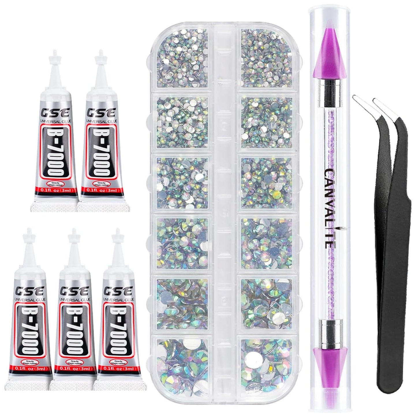 Canvalite 2784Pcs Flat Back Gems, Rhinestones with 5Pcs Jewelry Glues, Pick Up Tweezers and Rhinestones Picker Dotting Pen, Nail Art Tools for Nails, Clothes, Face, Craft-BrightBean Baby