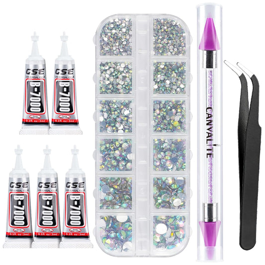 Canvalite 2784Pcs Flat Back Gems, Rhinestones with 5Pcs Jewelry Glues, Pick Up Tweezers and Rhinestones Picker Dotting Pen, Nail Art Tools for Nails, Clothes, Face, Craft-BrightBean Baby