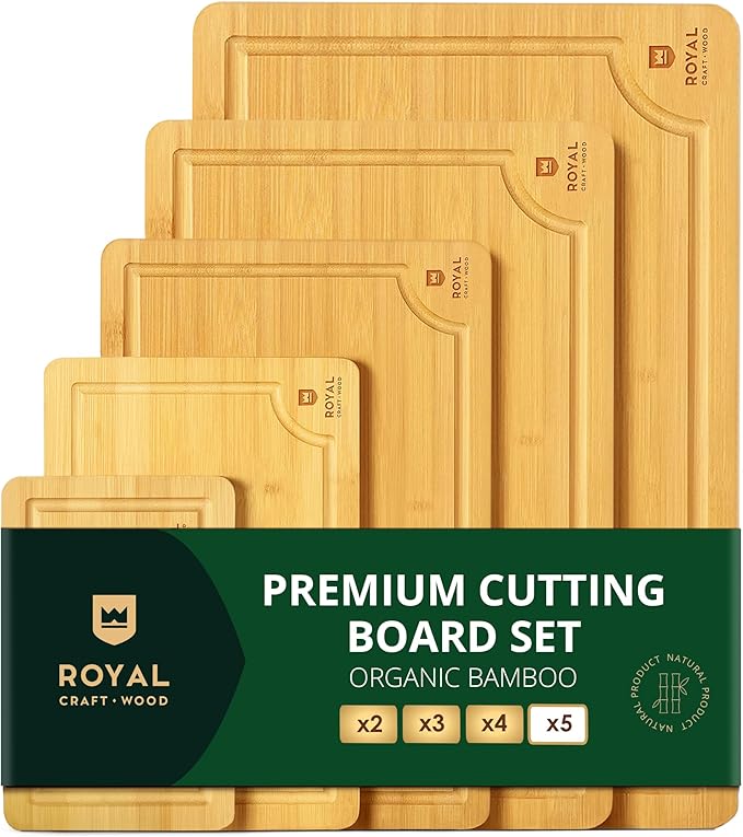 ROYAL CRAFT WOOD Wooden Cutting Boards for Kitchen Meal Prep & Serving - Bamboo Wood Serving Board Set with Deep Juice Groove Side Handles - Charcuterie & Chopping Butcher Block for Meat