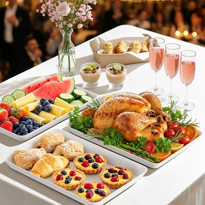 4-Pack Serving Tray, Serving Platter for Parties, Entertaining, Camping & Food Display, Reusable & Stackable Plastic Trays in Kitchen, Rectangular Food Platters for Cookie, Appetizer(White)