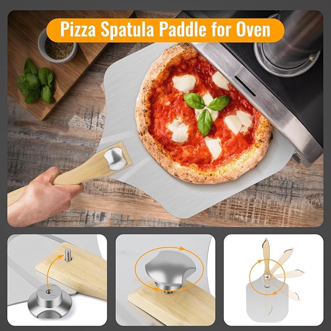 Pizza 7PCS Pizza Peel Pizza Pan Set, 12" x 14" Pizza Spatula, Aluminum Pizza Paddle with Rocker Cutter Scraper Pie Server Oil Brush, Pizza Oven Accessories, Baking Pizza, Dough, Bread & Pastry