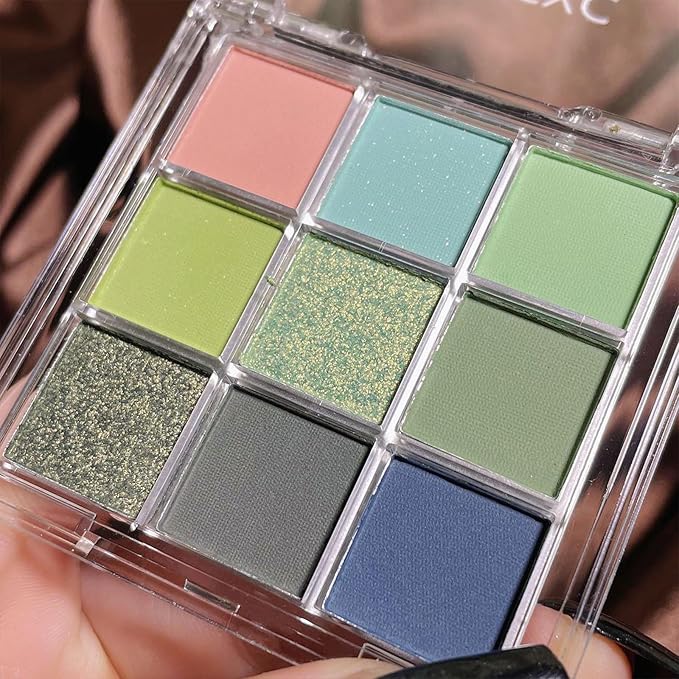 Erinde 9 Colors Eyeshadow Palette, Matte Shimmer Glitter Eye Shadow Palette Makeup, Highly Pigmented Long Lasting Waterproof, Natural Neutral Nude Eyeshadow Make Up Pallet, Blue Green-BrightBean Baby