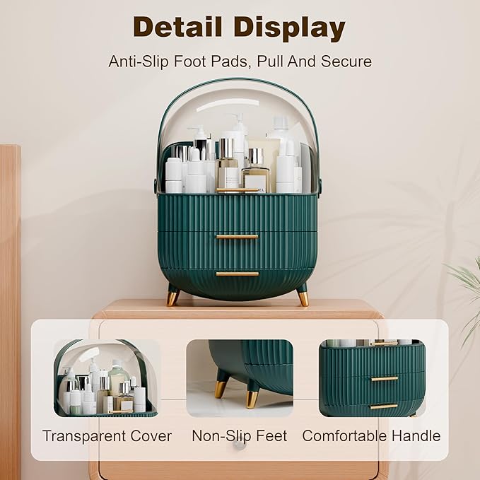 Makeup Organizers and Storage Make up Organizer for Vanity Cosmetics Skincare With Lid and Drawers Display Cases for Countertop Bathroom Women Teenager Girl Gifts(Dark Green+Brush Holder)-BrightBean Baby
