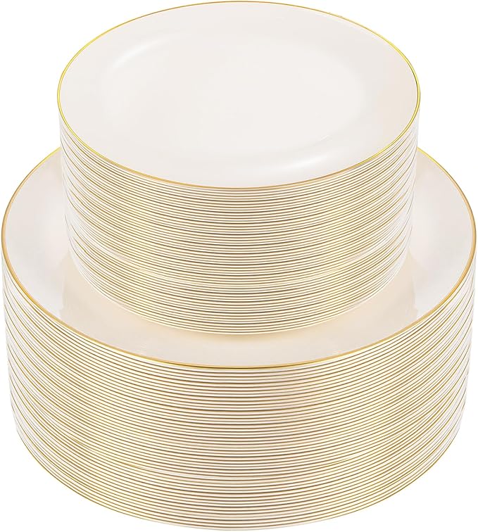 bUCLA 100PCS Ivory Plastic Plates with Gold Rim - Heavy Duty Cream Disposable Include 50 Dinner 10 inch & 50 Dessert 7 inch, for Party & Thanksgiving