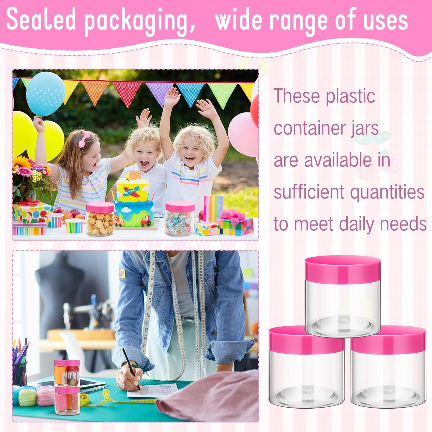 SATINIOR 100 Pcs Plastic Jars with Lids Small Containers Lids Wide Mouth Small Plastic Containers for Lotion Cream Rhinestones Body Butters Travel Storage(8 oz, Pink)-BrightBean Baby