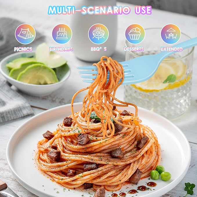 300 Pack Pink Blue Purple Yellow Disposable Plastic Silverware Heavy Duty, Plastic Cutlery Set,Forks and Spoons Knives Set for Birthday Party Prom Night, Weddings, (Macaron Colors)