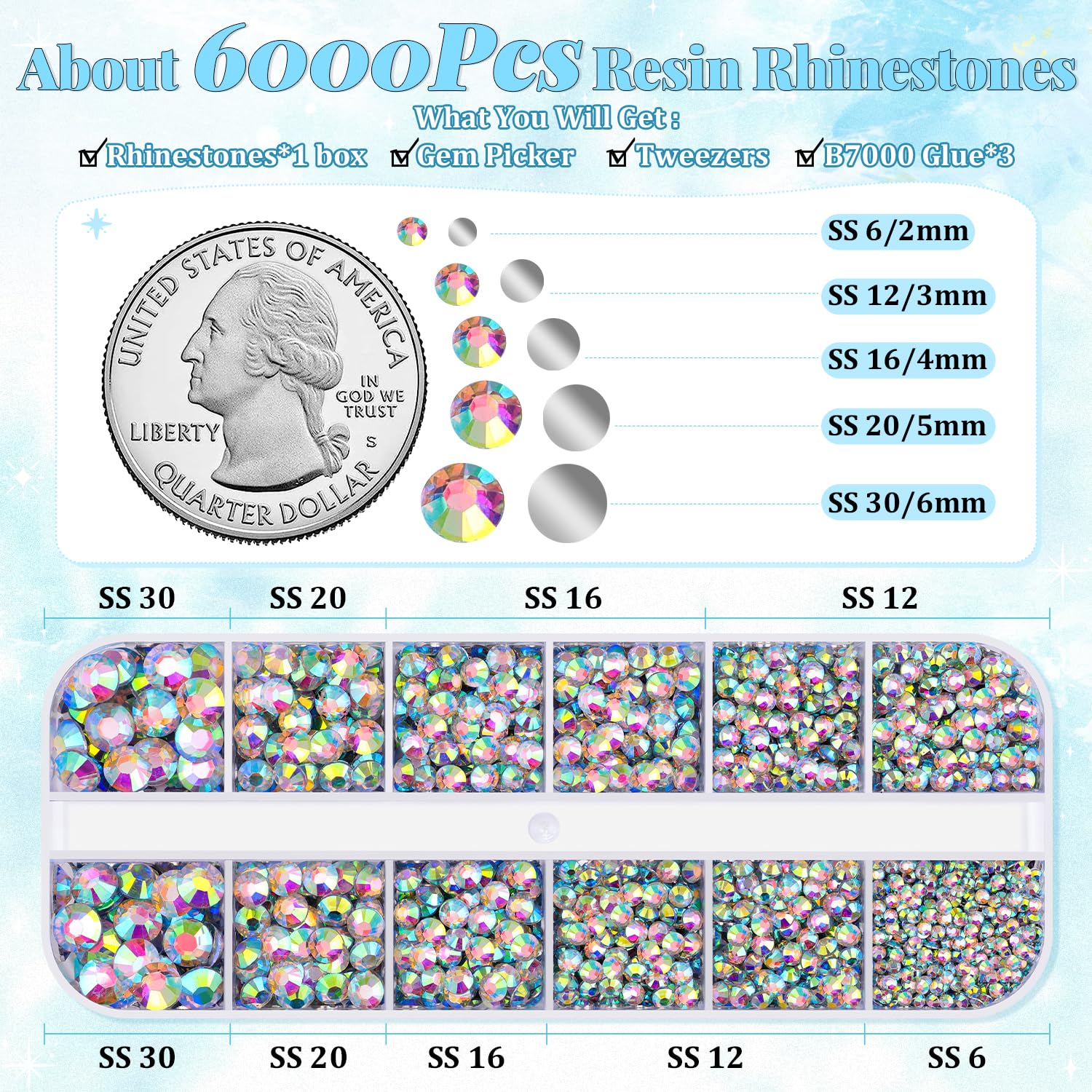 6000Pcs Resin Rhinestones for Bedazzling with 3Pcs B7000 Jewelry Glue, 1 Box AB Flatback Rhinestones for Crafting Crafts DIY, Crystals Gems for Clothing Shoes Tumblers Nail Art Makeup-BrightBean Baby