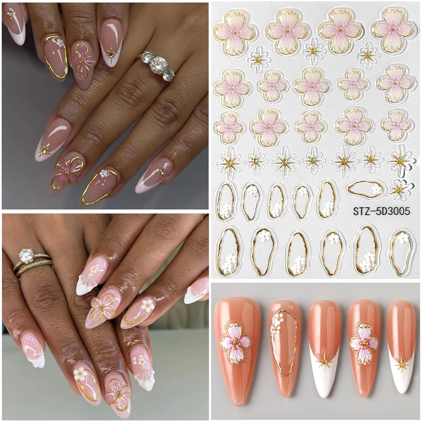 Flower Nail Art Stickers 5D Embossed Nail Decals Spring Summer Colorful Flower Nails Design Self-Adhesive 3D Accessories for Women Nails DIY Decoration(6 Sheets)-BrightBean Baby