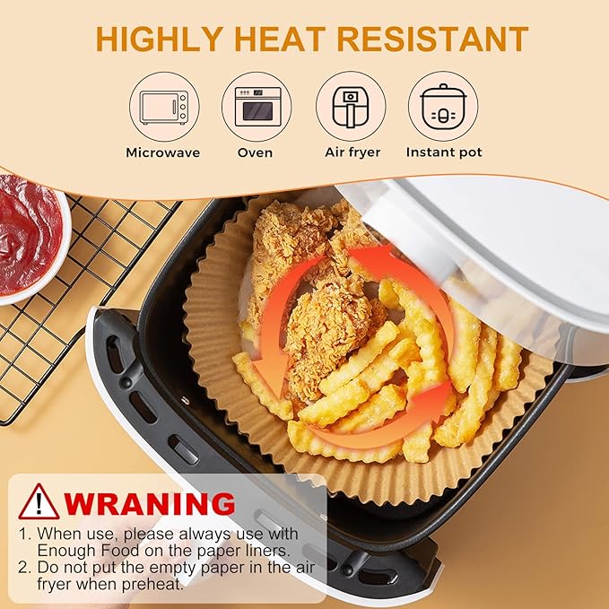 Vailnd Disposable Air Fryer Paper Liners, 9 Inch Max Xl Large Cooker Airfryer Parchment Paper Liners, 100Pcs Oil Proof Round Basket Bowl Liner Baking Paper for 8-12 QT Air Fryer Microwave