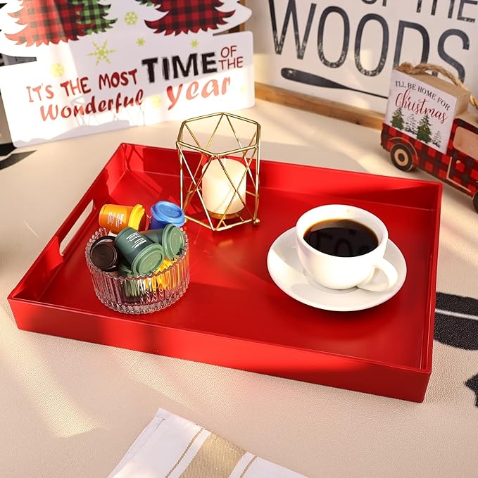 Red Serving Tray for Coffee Table, Rectangular Plastic Decorative Tray with Handles for Entertaining, Outdoor Patio, Living Room, Ottoman, Bathroom Counter, 11.8”*15.7”*1.6”