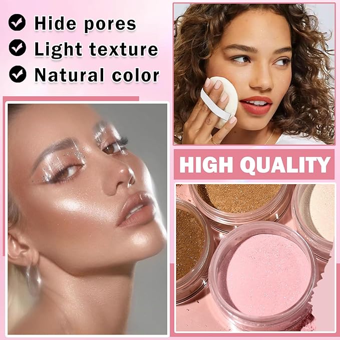 Oil Control Loose Powder Makeup Pink Translucent Setting Powder Shimmer Long Lasting Lightweight Polvo Traslucido Maquillaje Para Mujer Face Powder Makeup - 02 Pink Shimmer-BrightBean Baby