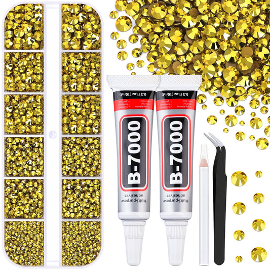 6100Pcs Resin Rhinestones for Crafting with 2Pcs 10ml B7000 Jewelry Glue, 1 Box Flatback Crystals Diamond (Bright Gold) for Bedazzling Crafts DIY Nail Art，Non Hotfix Gems for Clothing Shoes Tumblers-BrightBean Baby