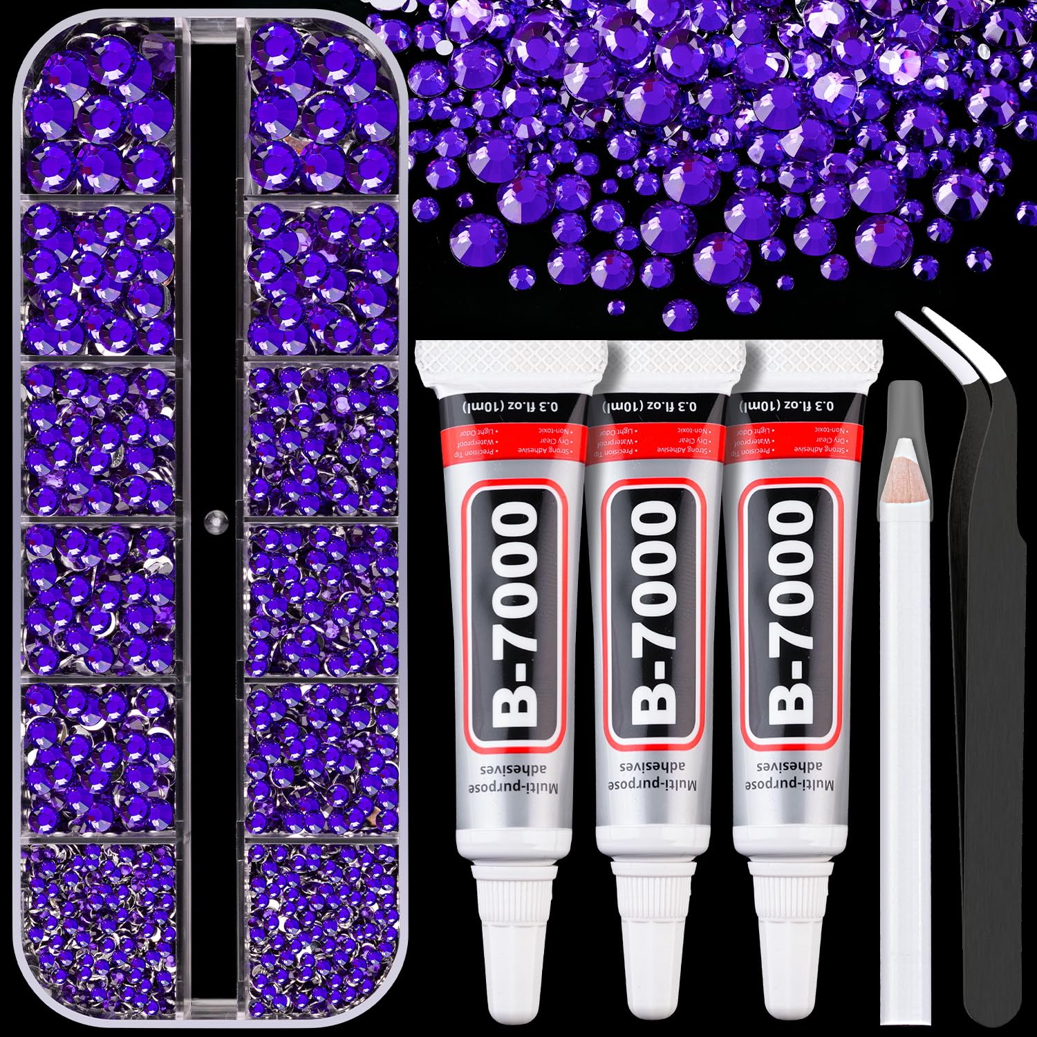 Resin Rhinestones for Crafting with B7000 Jewelry Glue, 1 Box Blue Purple Flatback Crystals with 3Pcs 10ml Glue for Bedazzling Crafts DIY Nail Art Makeup，Non Hotfix Gems for Clothing Shoes-BrightBean Baby
