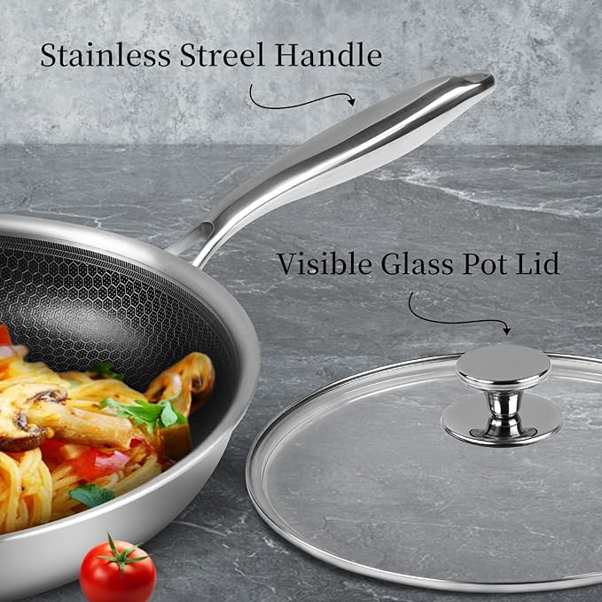 Stainless Steel Nonstick Frying Pan with Lid 10 Inch - Honeycomb Skillet Wok Pan