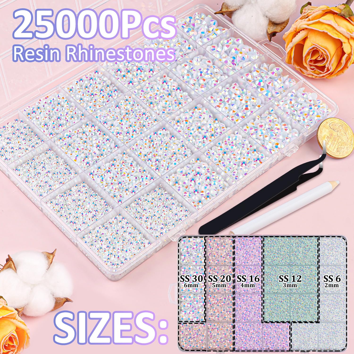 25000Pcs Resin Jelly Rhinestones for Crafting, White AB 2-6mm Mixed Sizes Non Hotfix Flatback Gems, Bedazzling Crystal for DIY Crafts Clothing Tumblers Mugs Shoes Fabric Nail Art-BrightBean Baby