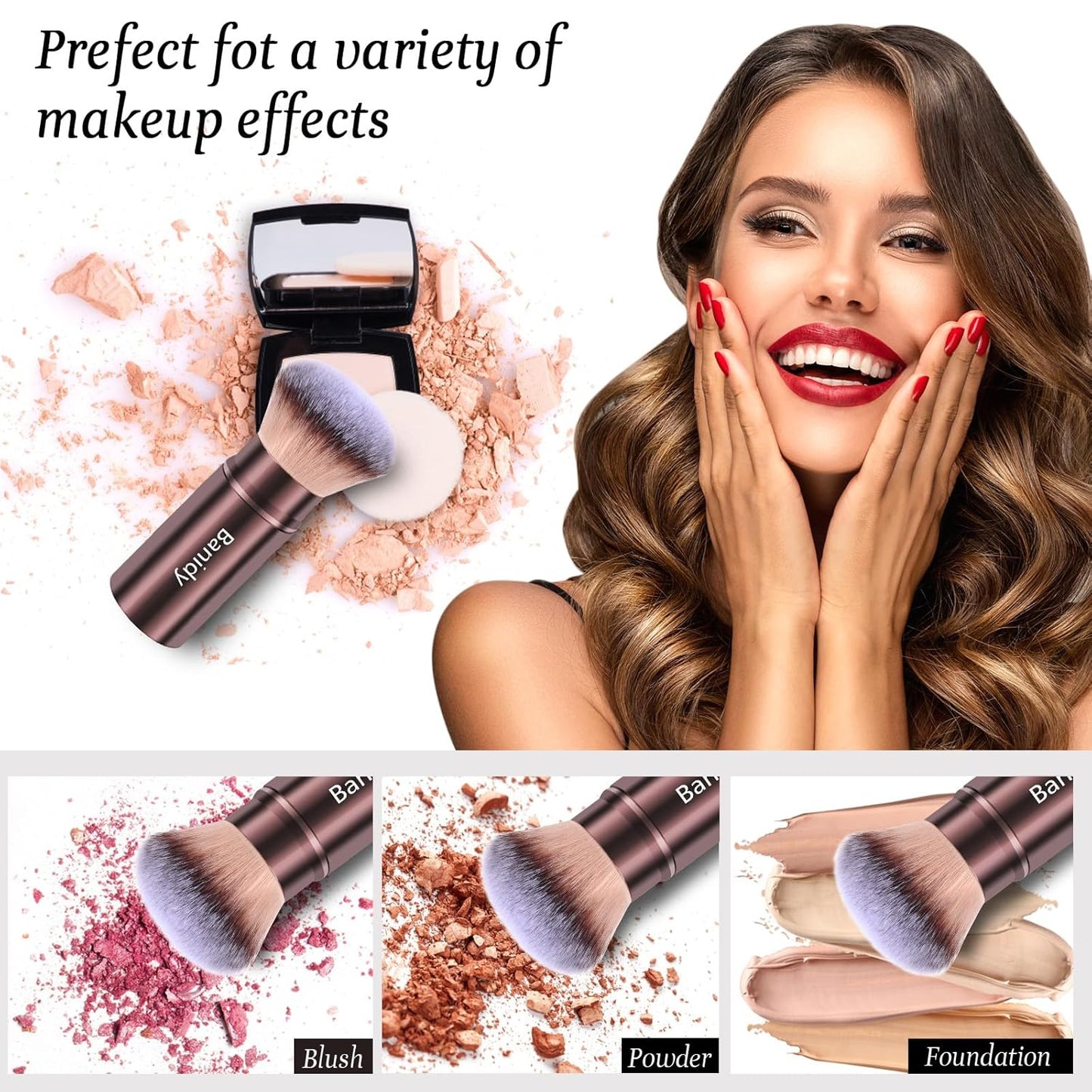 Makeup Brush Kabuki Face Brushes Retractable Travel Blush Brush Portable Flawless for Foundation, Powder Blush, Bronzer, Buffing, Liquid, Cream, Cruelty Free with Cover(Round-Head)-BrightBean Baby