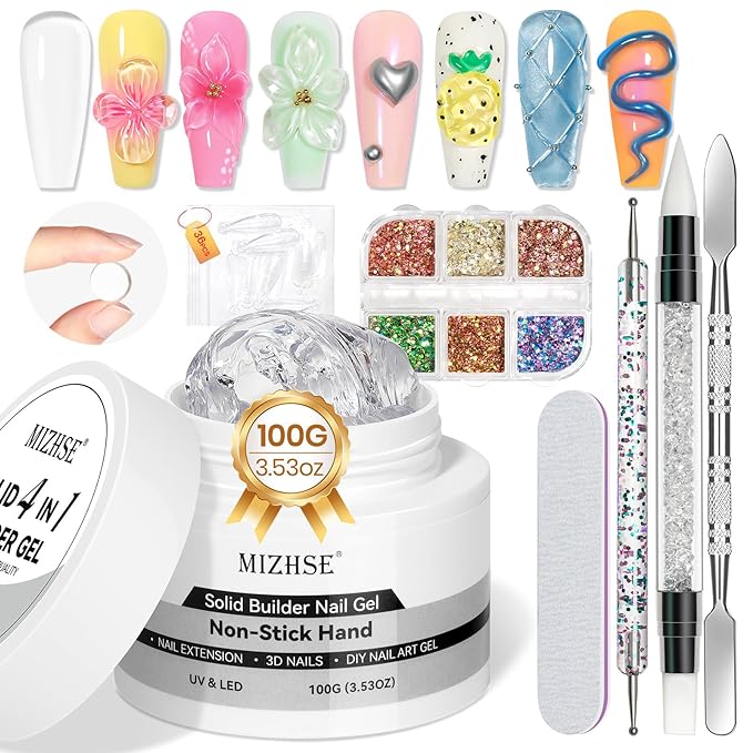 MIZHSE 100g Solid Builder Gel for Nails, Large Capacity Clear Hard Gel 3D Sculpting for Nail Art U V LED Builder Kit with 3D Silicone Pen, for Salon Home DIY-BrightBean Baby