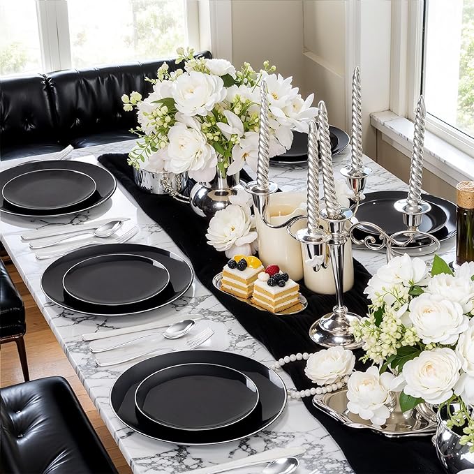 bUCLA 100PCS Black Plastic Plates - Heavy Duty Black Disposable with Silver Rim Include 50 Each (10 inch Dinner & 7 inch Dessert) Plates, Ideal for Party & New Year