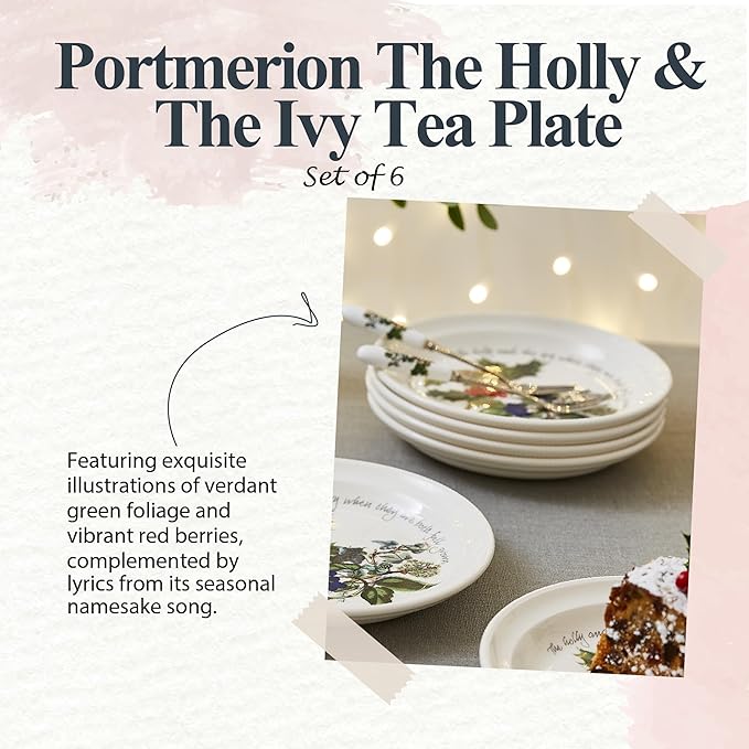 Portmeirion Holly and Ivy 7.25" Bread & Butter Plate (Set of 6) - Earthenware Plates, Holly Motif - Festive Holiday Tableware, Serving Tea, Snacks, Desserts - Microwave, Oven, Freezer, Dishwasher Safe