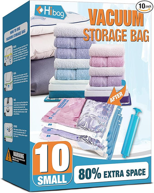 Vacuum Storage Bags, 10 Small Space Saver Vacuum Seal Bags, Space Bags, Vacuum Sealer Bags for Clothes with Travel Hand Pump (10S)-BrightBean Baby