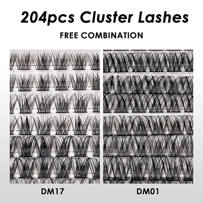 Lash Clusters 204 Pcs Individual Lashes Clusters Eyelash Extensions False Eyelashes DIY Lash Extension Kit Reusable False Eyelashes Natural Look Mix 10-16mm C D Curl(DM01+DM17)-BrightBean Baby